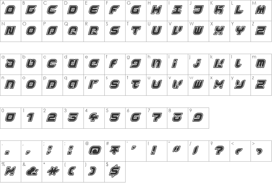 Yr72InlineItalic font character map preview