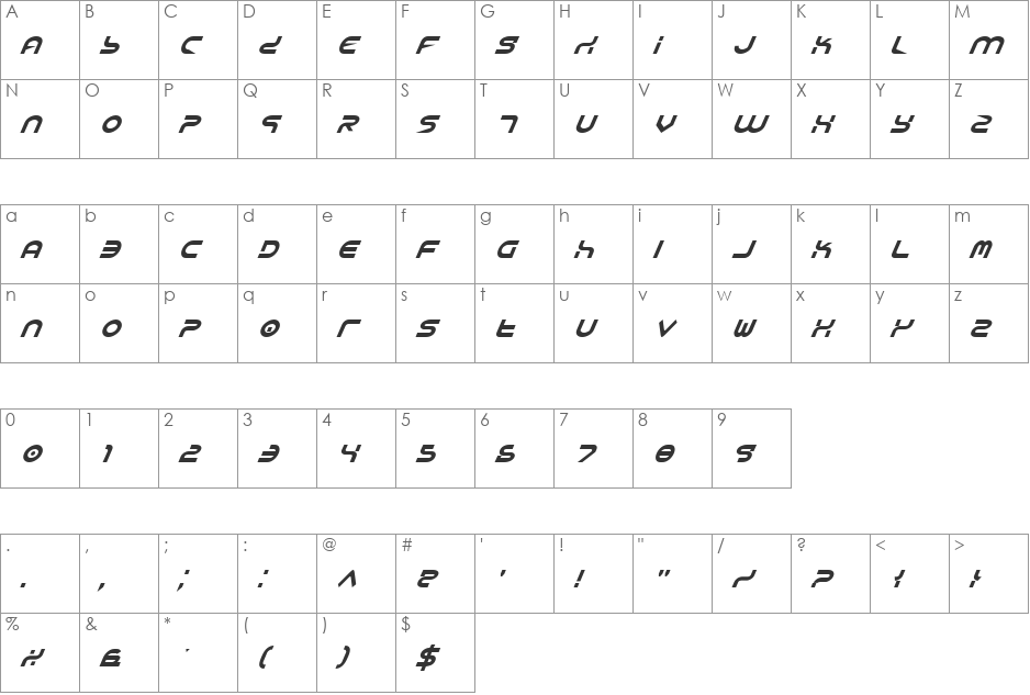 Yukon Tech Italic font character map preview