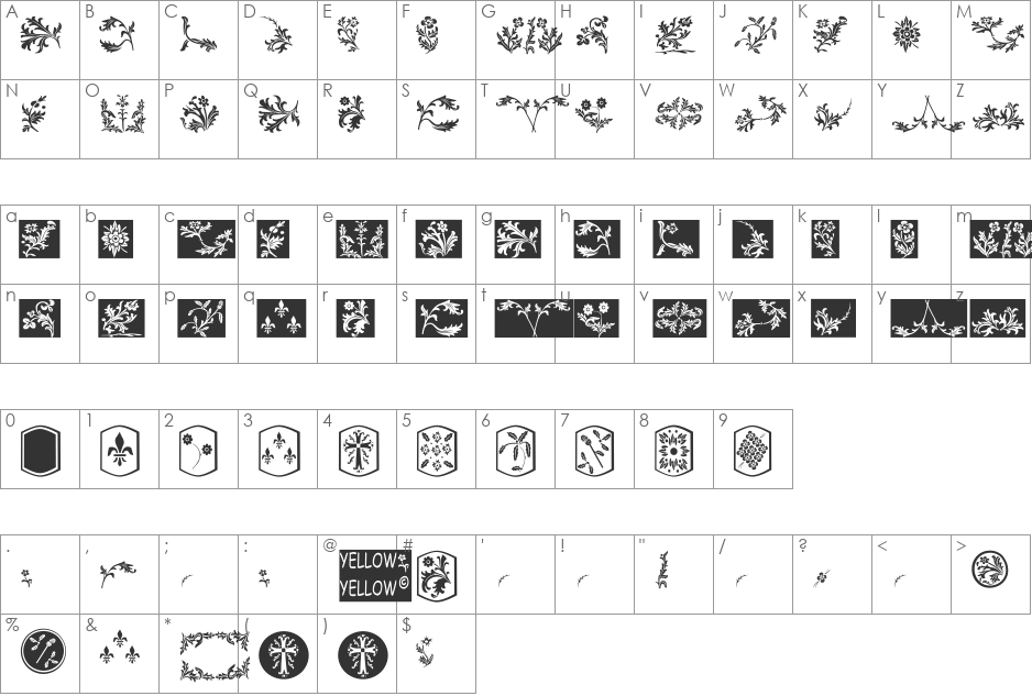 YY Old English Dingbats font character map preview
