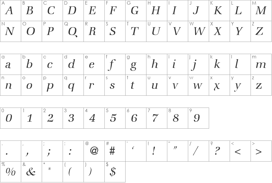 ZabriskieBookLight font character map preview