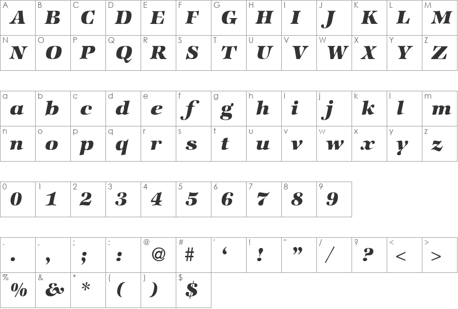 ZabriskieInternationalHeavy font character map preview