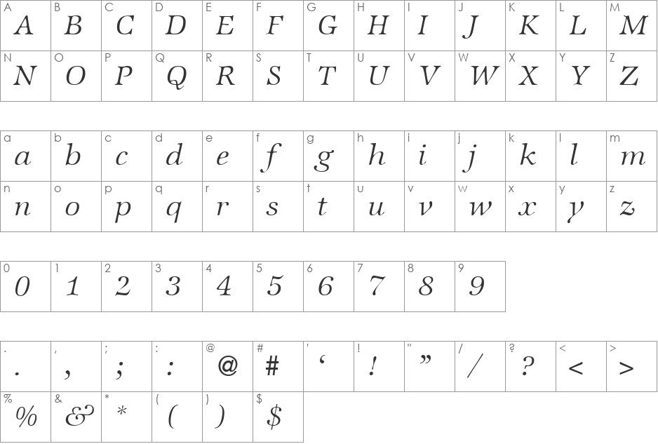 ZabriskieInternationalLight font character map preview