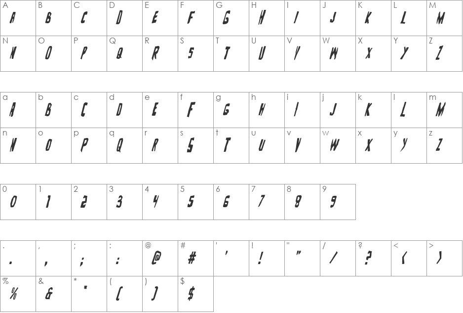 Zakenstein Condensed Italic font character map preview