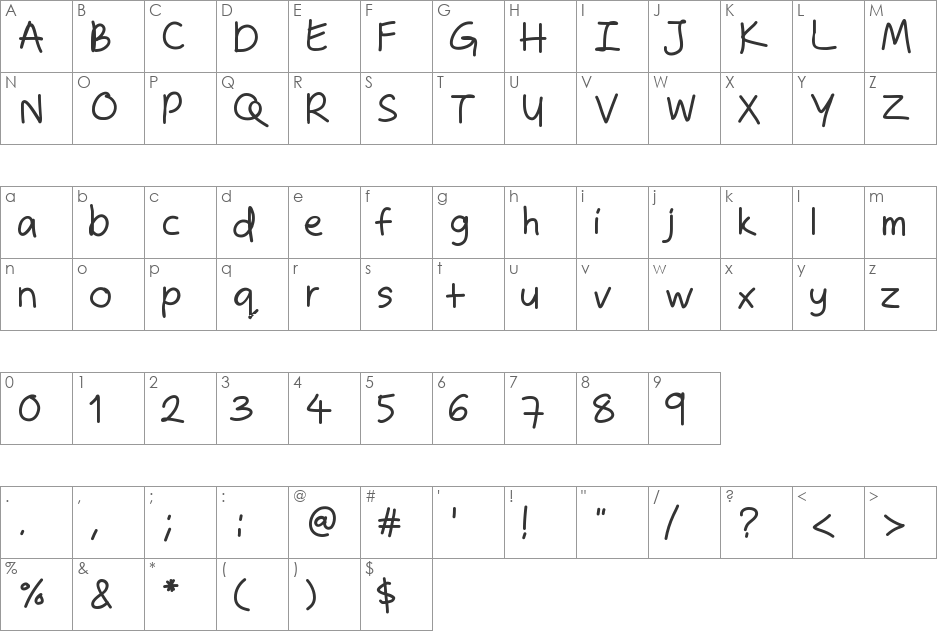 ZakirahsHandB font character map preview