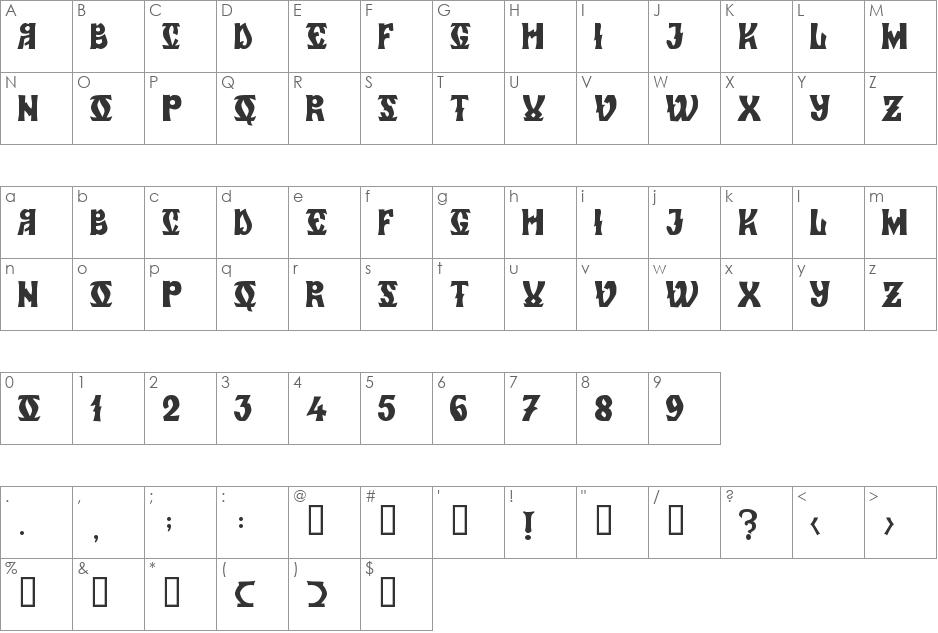 Zamolxis VI font character map preview