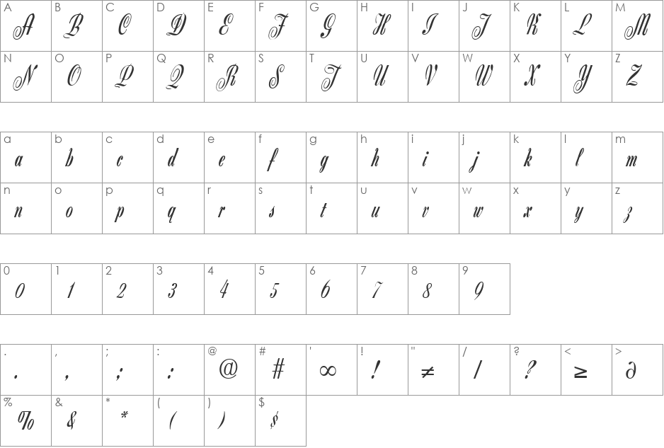 Zanzibar font character map preview