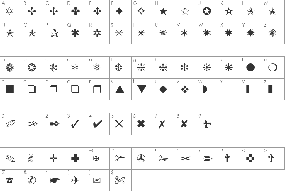 ZapfDingBats font character map preview