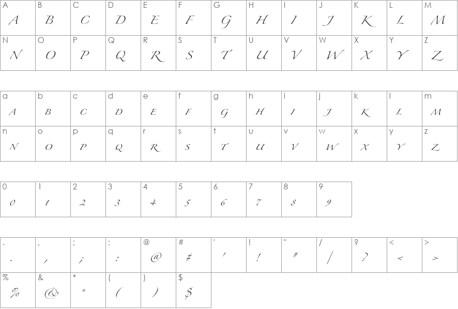 Zapfino Extra LT font character map preview
