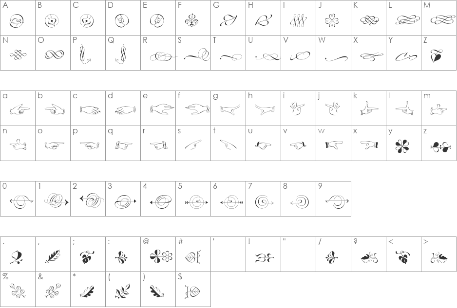 Zapfino Extra LT font character map preview