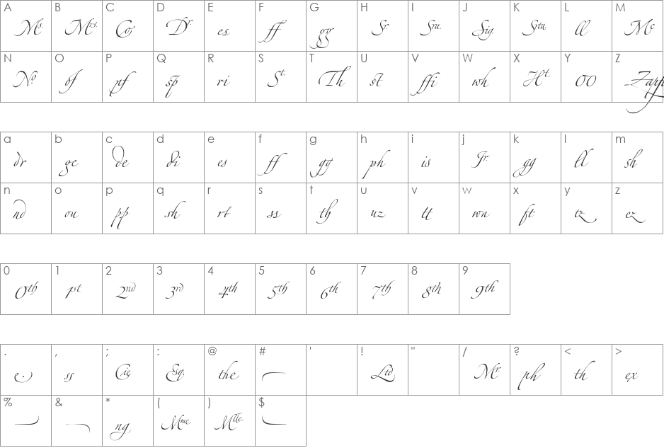 Zapfino Extra LT font character map preview