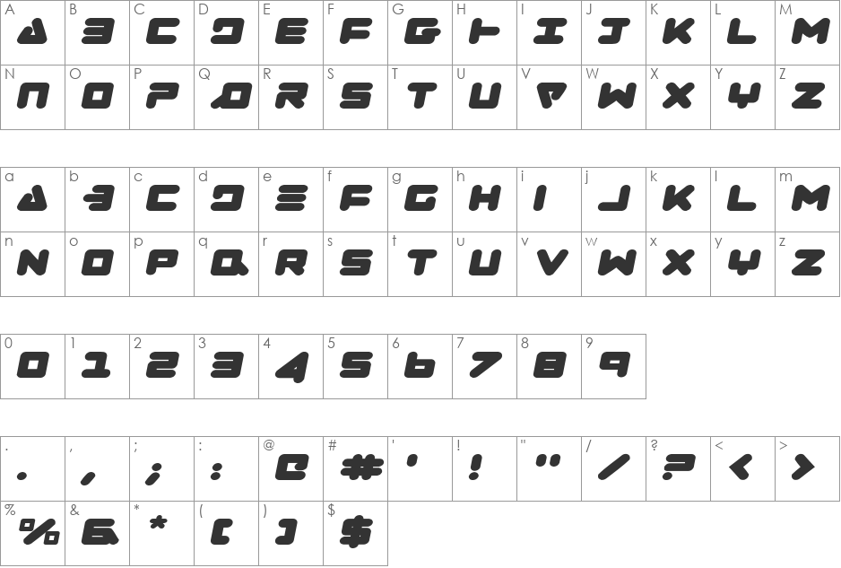 Zealot Expanded Italic font character map preview