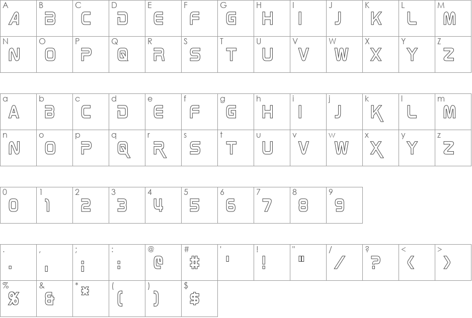 Zebulon Condensed Hollow font character map preview