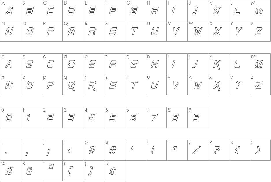 Zebulon Hollow Condensed font character map preview