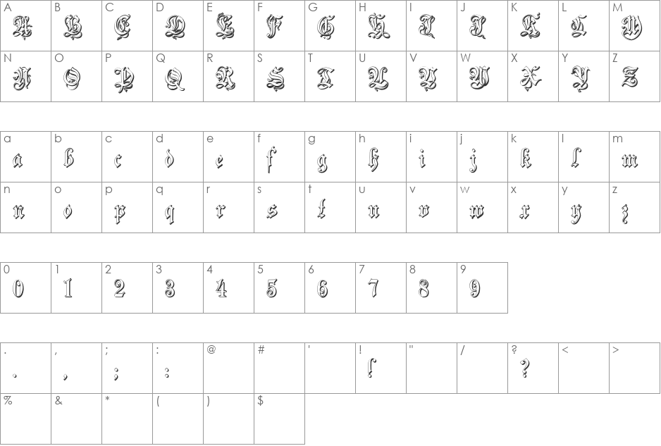 Zenda font character map preview