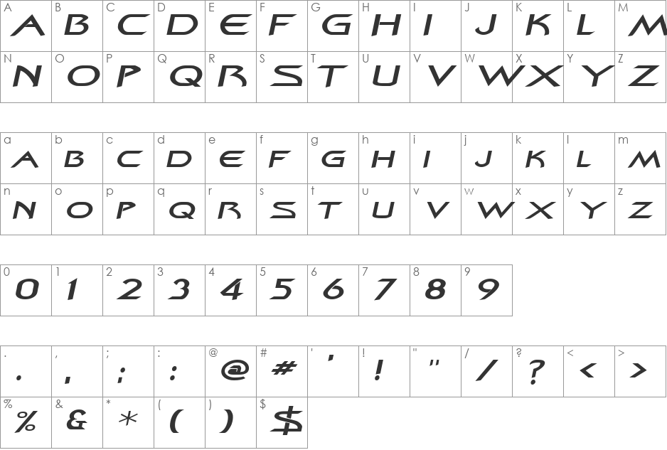 ZenonExtended font character map preview