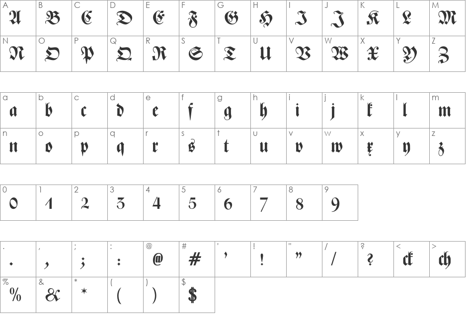 Zentenar Fraktur OsF font character map preview