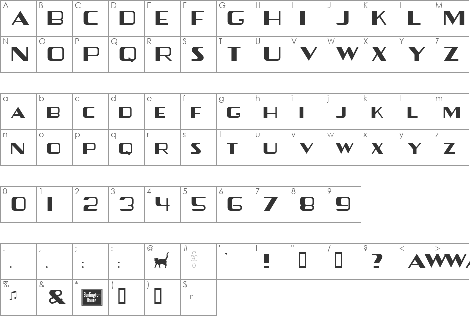 ZephyrPioneer font character map preview