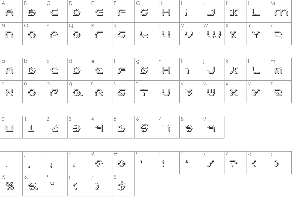 Zeta Sentry 3D font character map preview