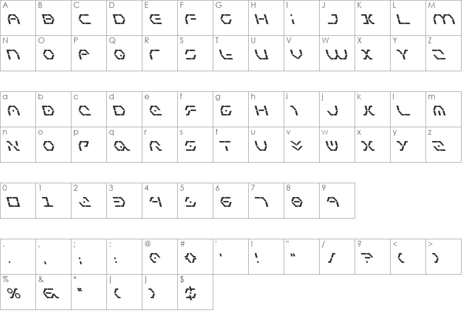 Zeta Sentry Bold Leftalic font character map preview