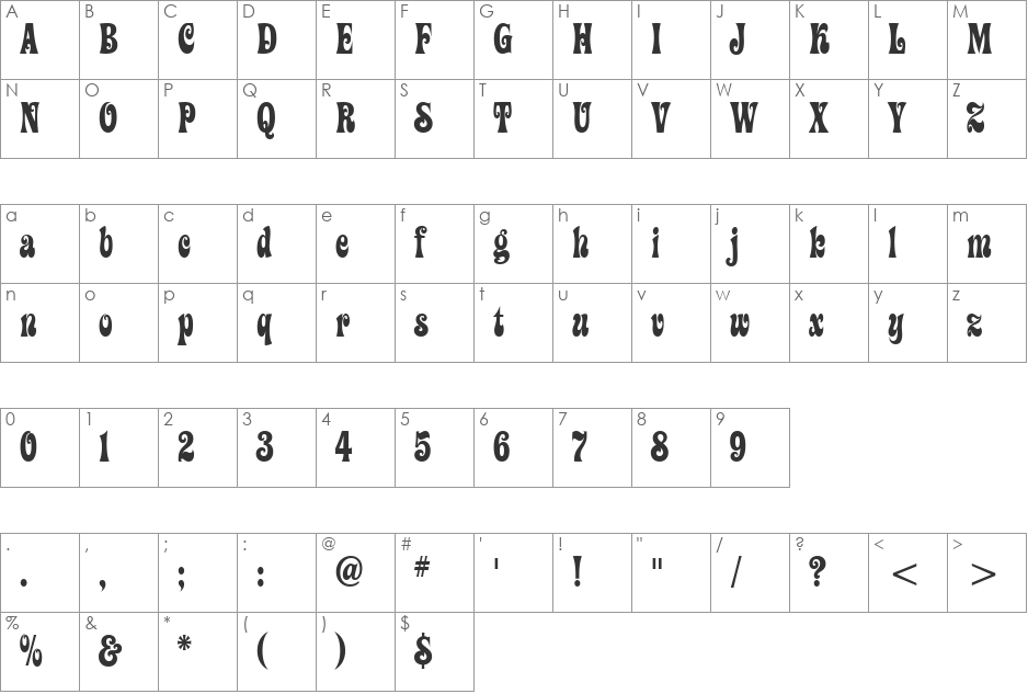 ZiggyITC TT font character map preview