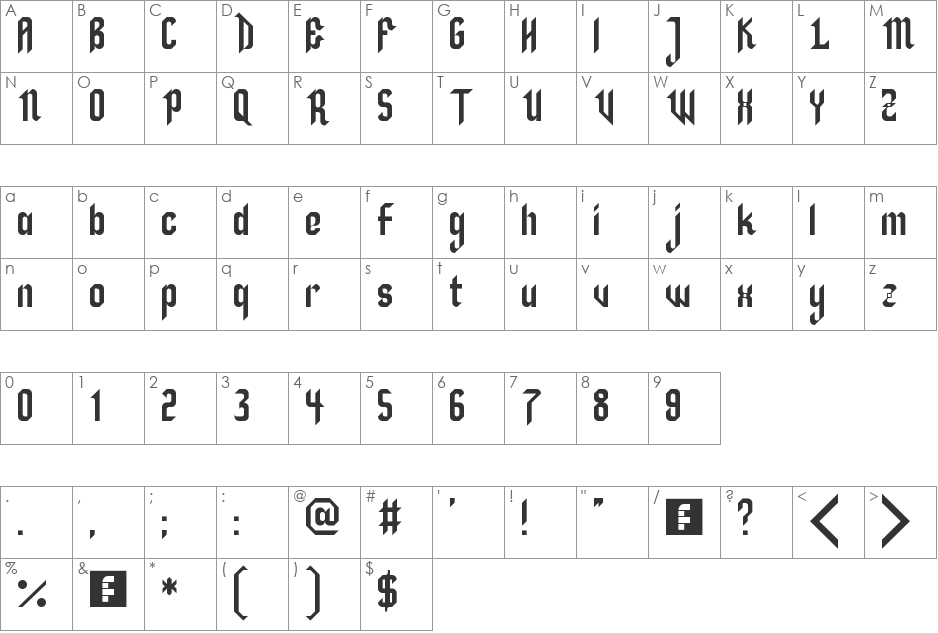 Zillah font character map preview