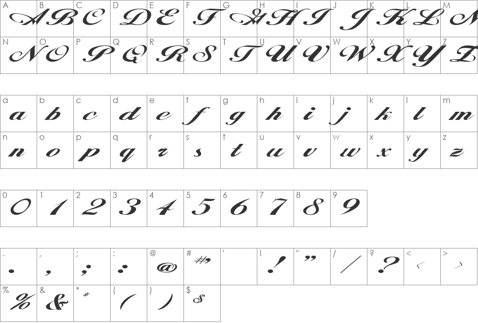 ZimmermanExtended font character map preview