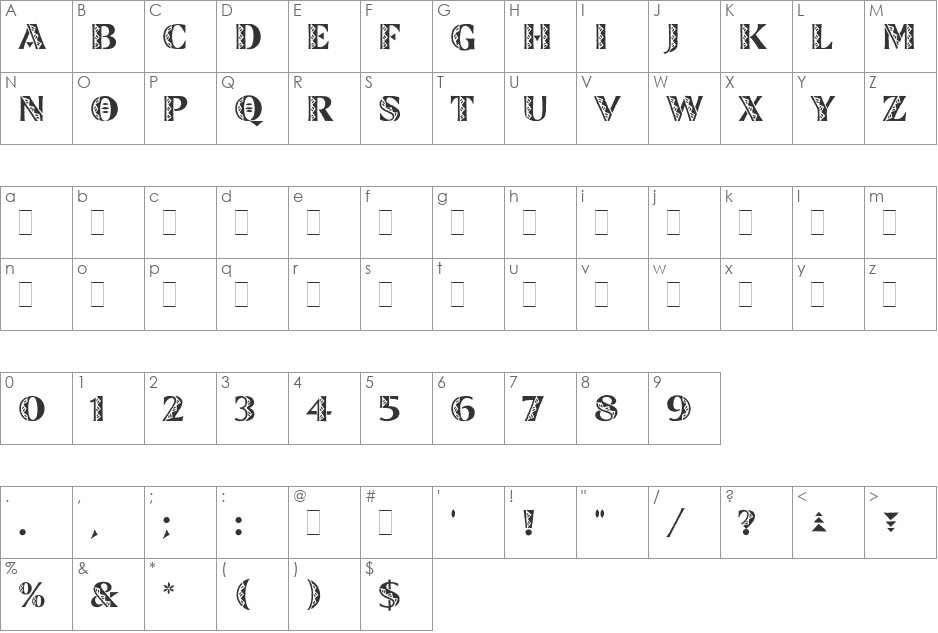 Zinjaro font character map preview