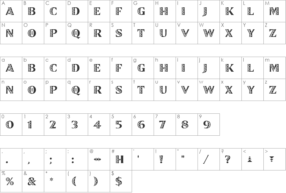 Zinjaro LET font character map preview