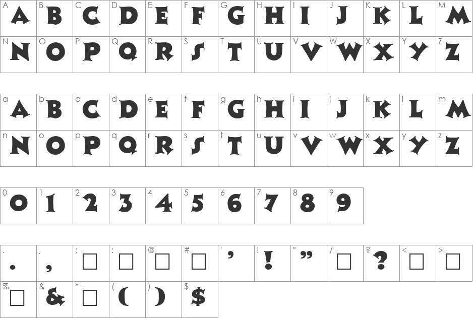 ZINNIA font character map preview
