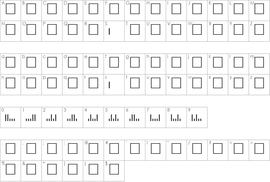 ZipCodeBarcodeTT font character map preview