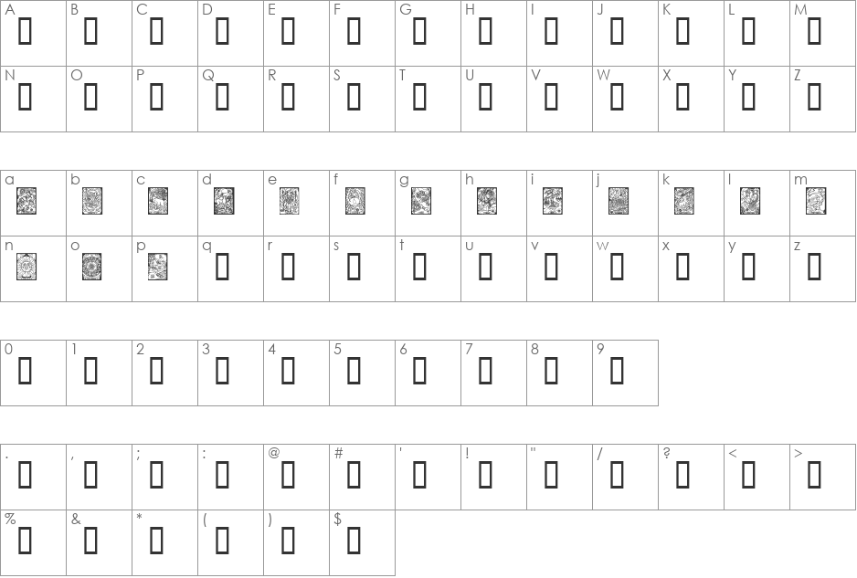 Zodiac font character map preview