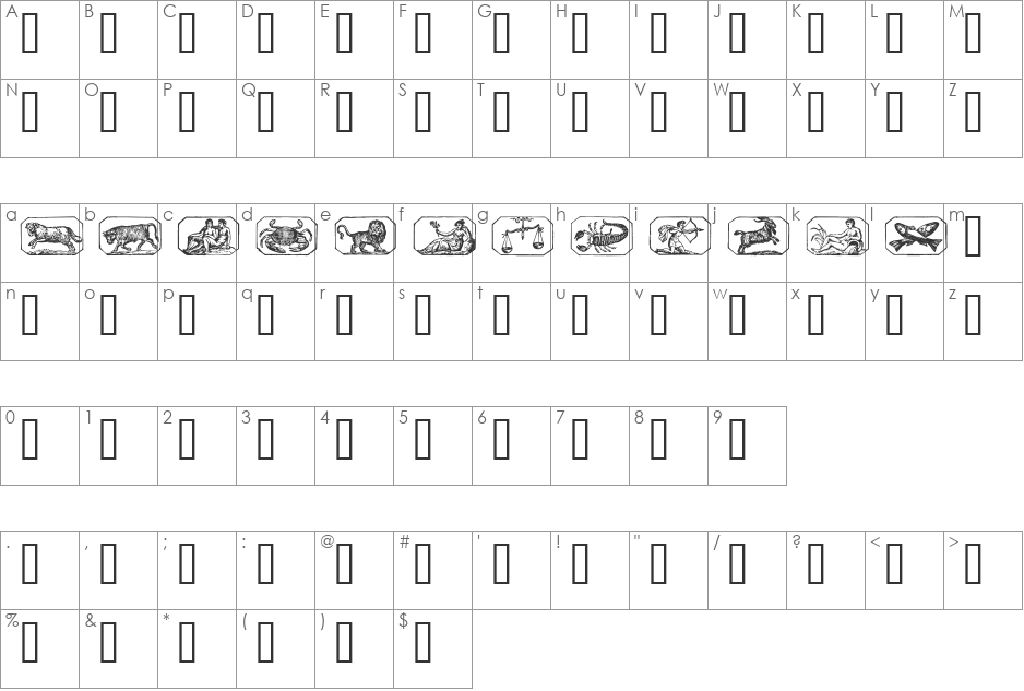 Zodiac00 font character map preview