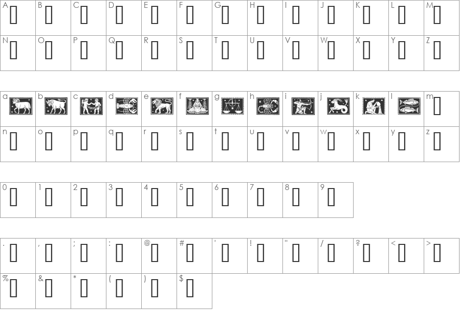 Zodiac01 font character map preview