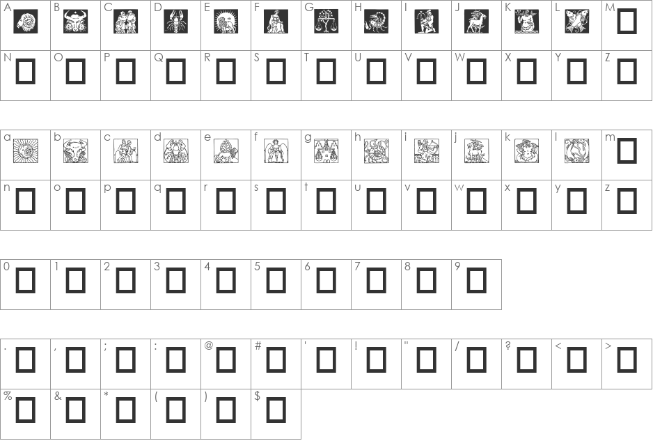 Zodiac03 font character map preview