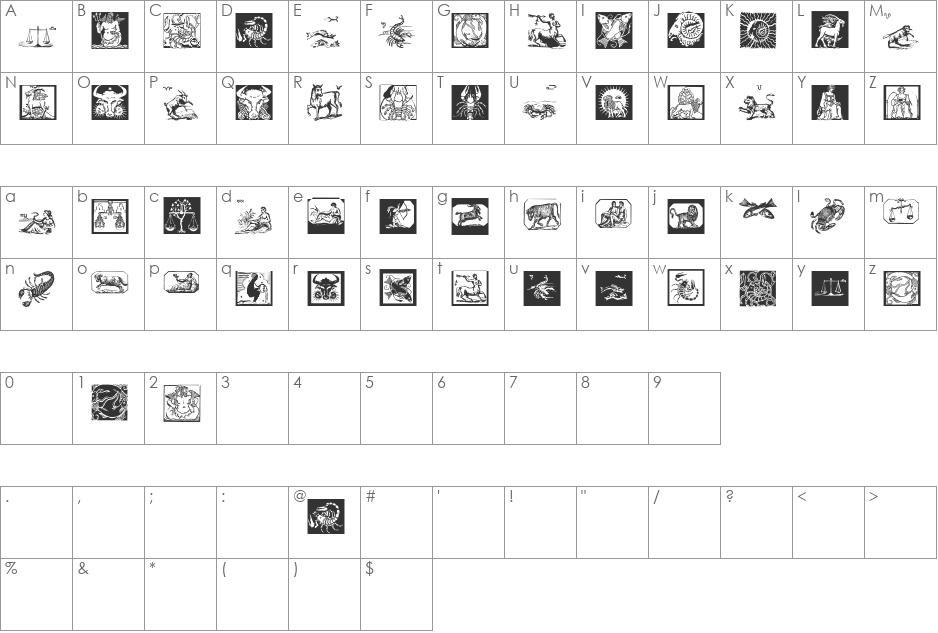 ZodiacsSignStars font character map preview