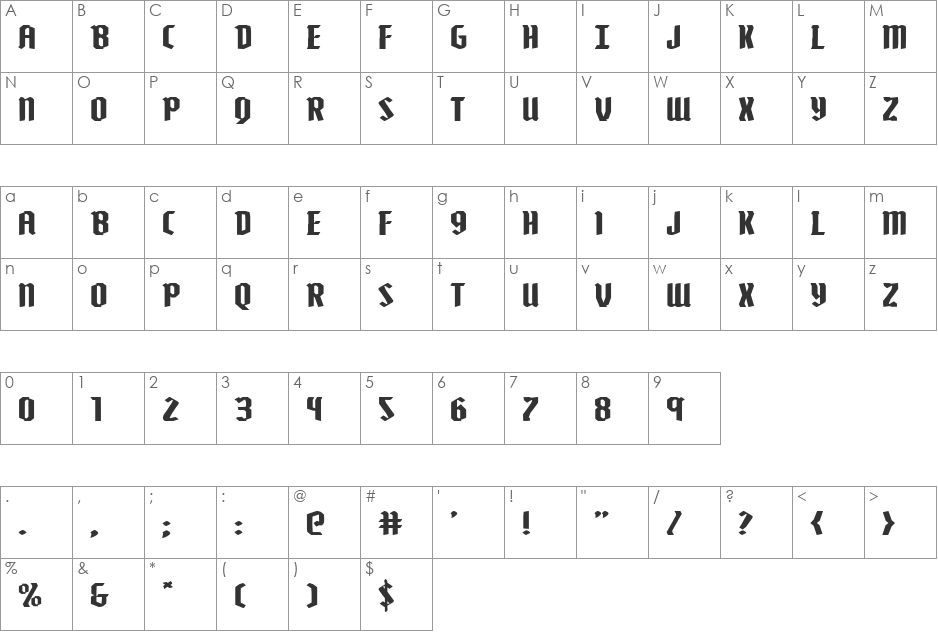 Zollern Extra-Expanded font character map preview