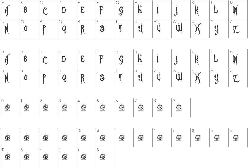 Zombie Holocaust font character map preview