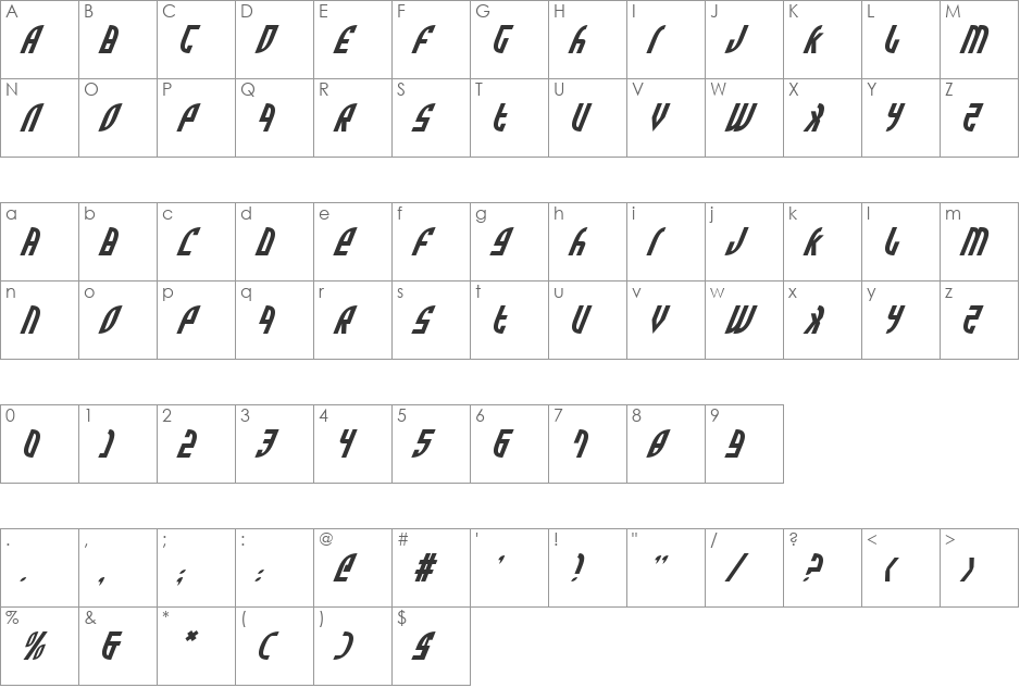 Zone Rider Italic font character map preview