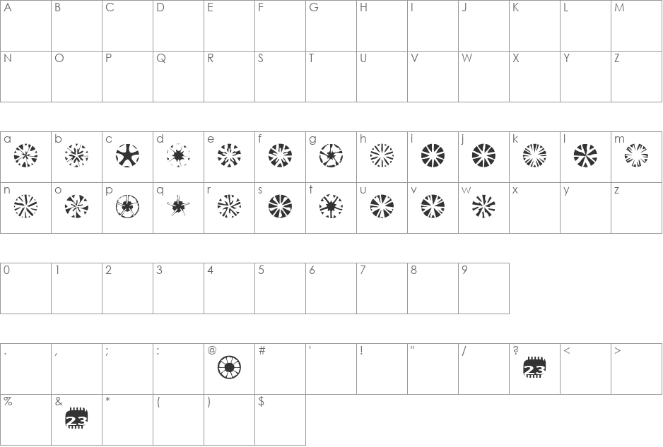 Zone23_stars font character map preview