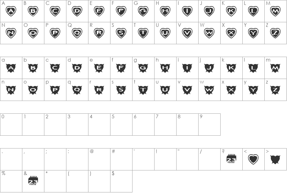 Zone23_Two Kinds of Love IV font character map preview