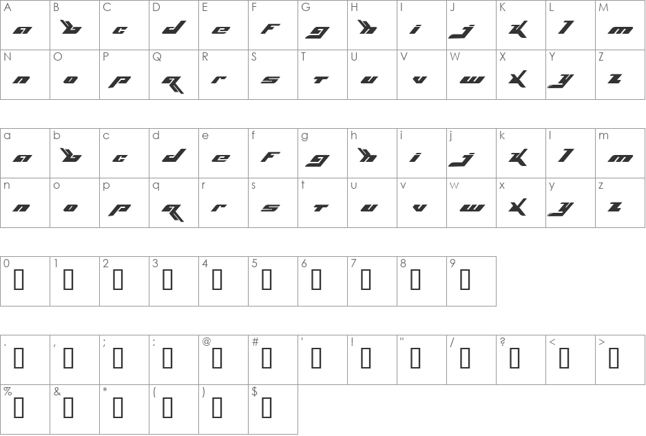 Bjork font character map preview