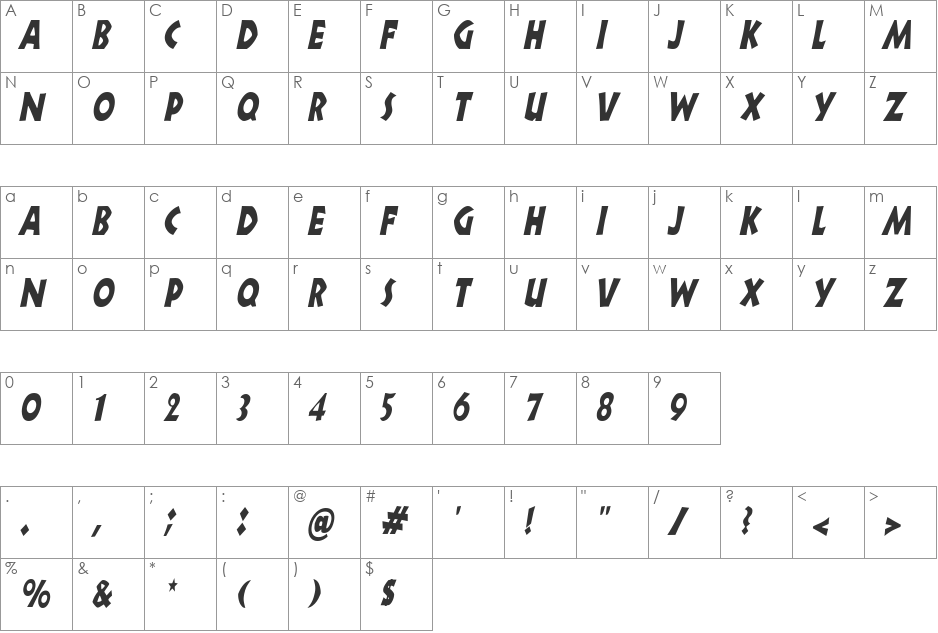 ZorbaCondensed font character map preview