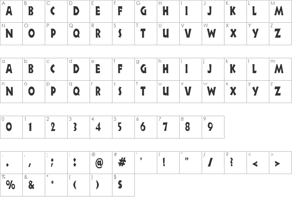 ZorbaCondensed font character map preview