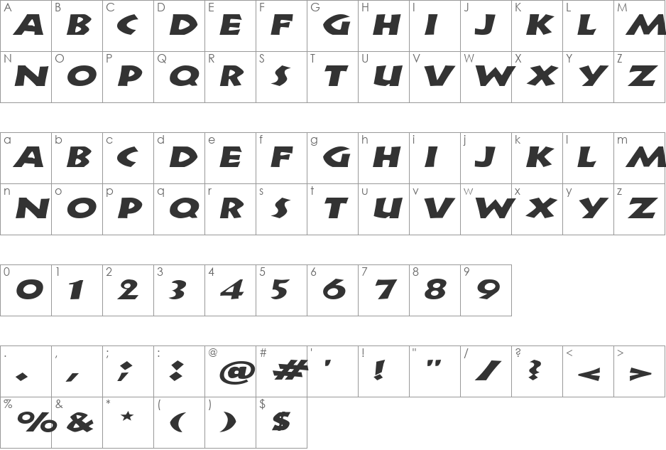 ZorbaExtended font character map preview