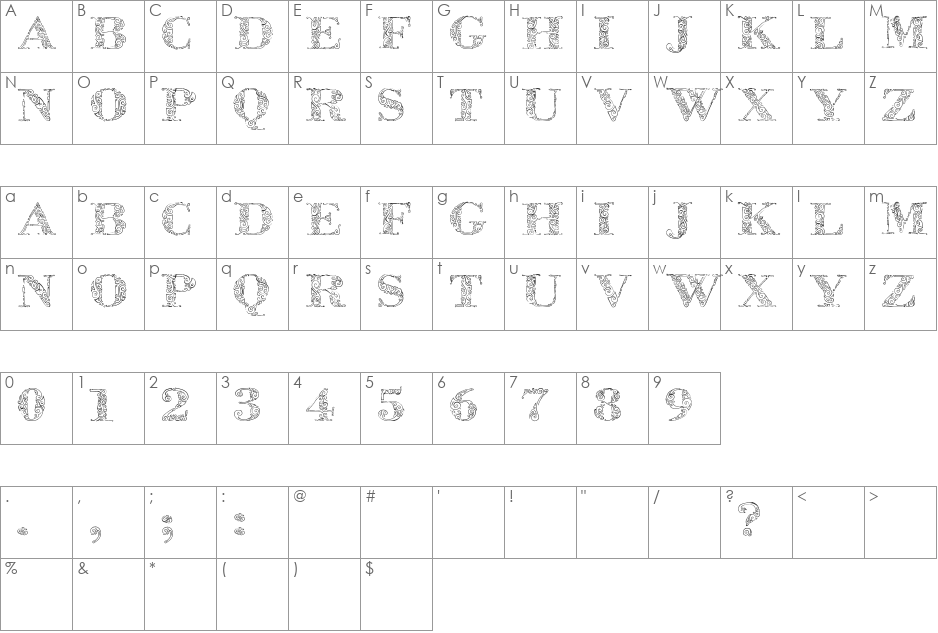Zsylett font character map preview