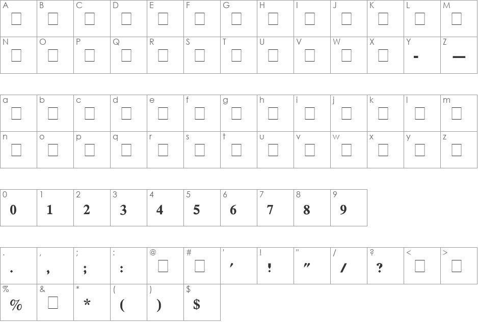 ZurikaB font character map preview