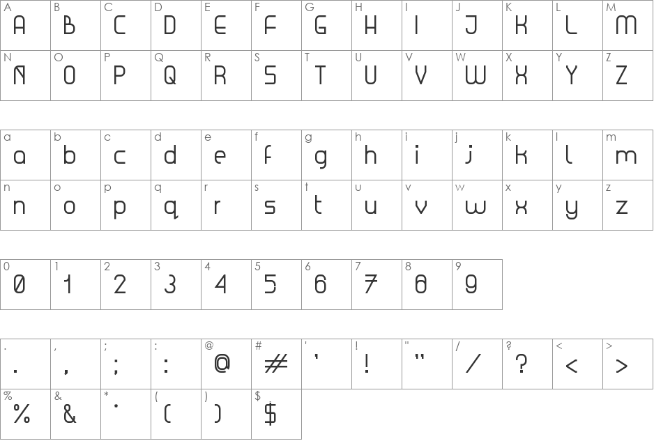 Zyana font character map preview