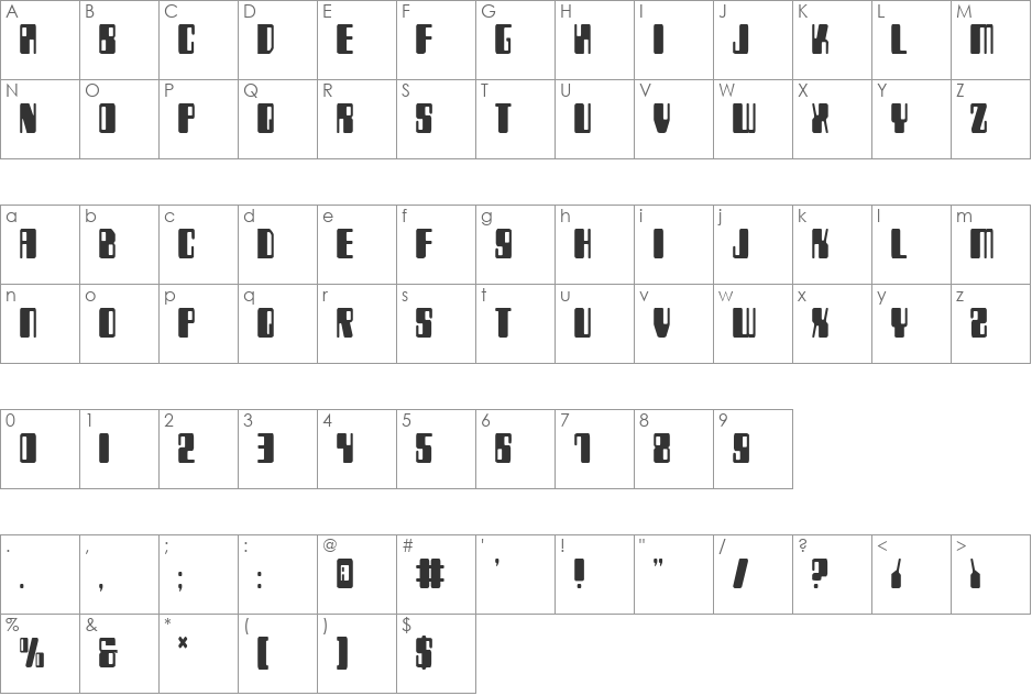 Zyborgs Condensed font character map preview