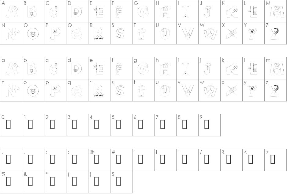 101 Anuther PictoBet font character map preview