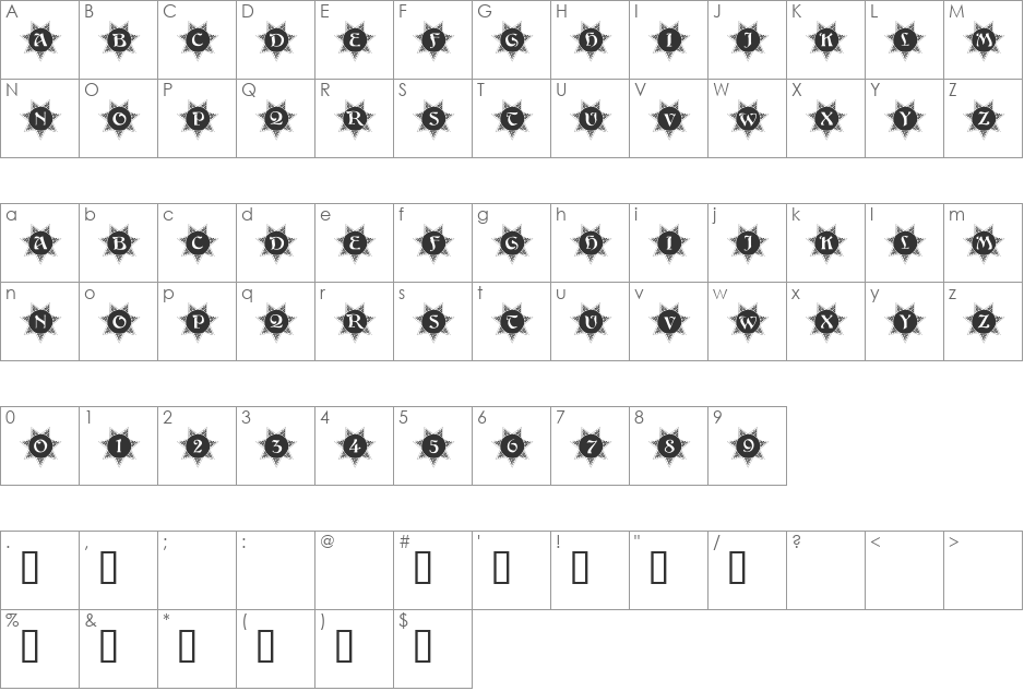 101! Decorative Sun font character map preview